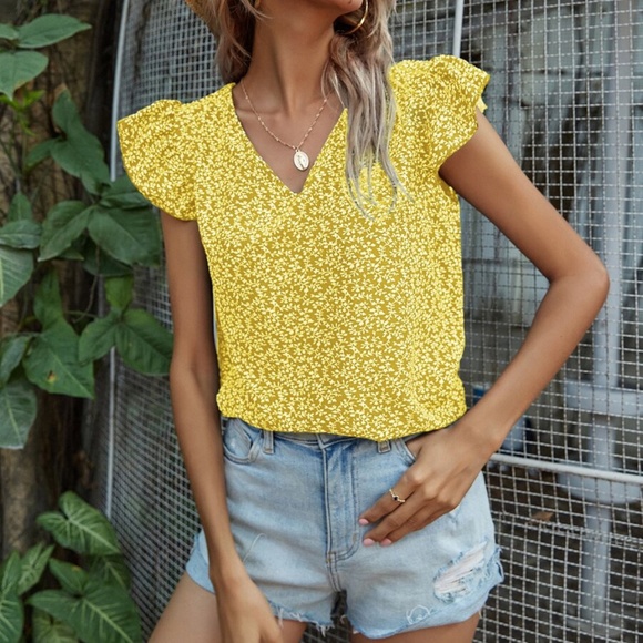Boho V neck Ruffle Sleeve Floral Print Top Yellow - Picture 6 of 16